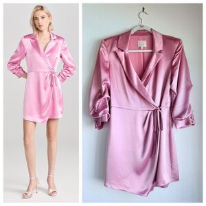 NWOT Cinq à Sept Sabina Satin Wrap Style Ruched Sleeve Dress in Primrose Pink 4